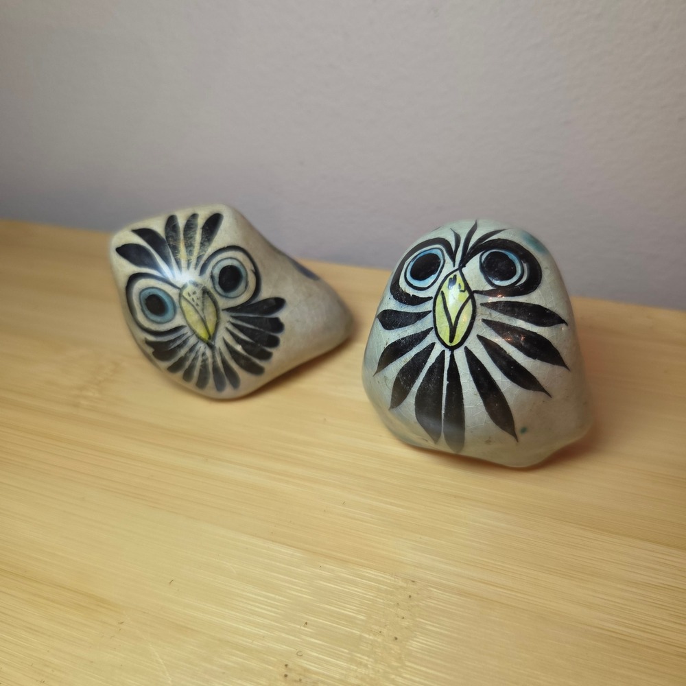 Vintage Tonala Mexico Pottery Owl Figurine Set of 2 Hand Painted Blue Floral